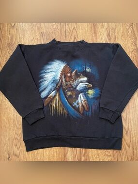 Vintage 90s Black Sweatshirt with Native Chief Wolf and Eagle Graphic